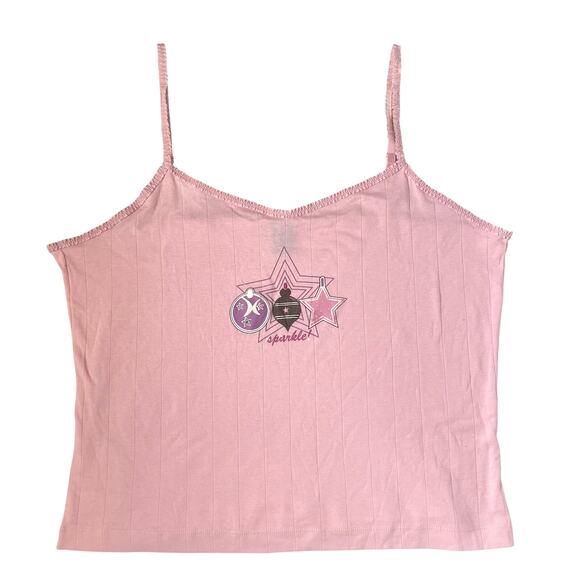 Y2K Pink Ribbed Tank Top L Sparkle Stars Camisole Graphic 00s Bratz Fairy Cute - Picture 1 of 7